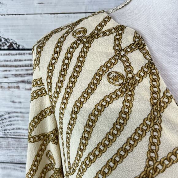 Michael Kors Blouse Tunic sz Small Tan Gold Chains Stretch Modest Career Wedding - Picture 4 of 9